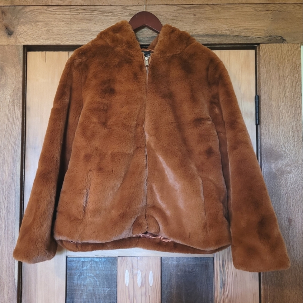Rachel Zoe Rust Burnt Orange Faux Fur Coat Jacket Sz Large Designer Satin Lining